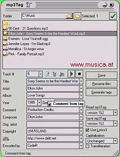 mp3Tag processor for MP3, WMA, OGG and APE files with great features, like an automated search for lyrics, automatic tag filling option for mp3 albums - the program takes the track lengths and compares this information with FreeDB data to find the appropriate album to import tags from - the information is stored in the tags and if required can be used to rename the files